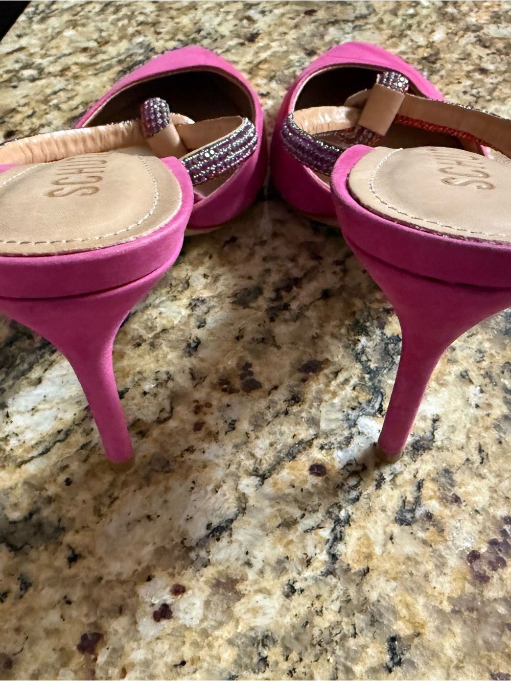 SCHUTZ Hot Pink Suede Stiletto Sandals with Jeweled Strap